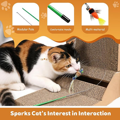 Long 30in - Cat Wand Toy - with Spring Top - Include Cat Wand and 6PCS Feather Insects Refills