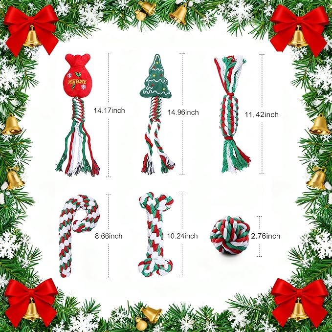 6 Pack Christmas Dog Rope Toys for Small Medium Dog, Chew Training Cotton Toys for Puppy Teeth Cleaning and Interacting Play Games
