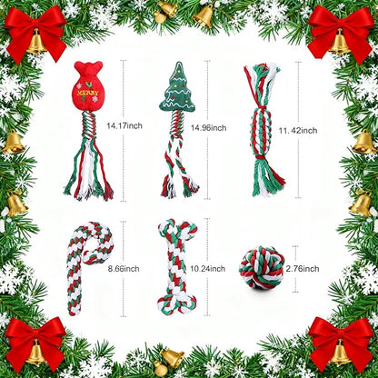6 Pack Christmas Dog Rope Toys for Small Medium Dog, Chew Training Cotton Toys for Puppy Teeth Cleaning and Interacting Play Games