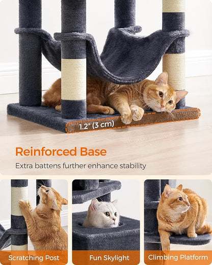 Feandrea Cat Tree, 59.5-Inch Tall Cat Tower, Plush Multi-Level Condo with 5 Scratching Posts, 2 Perches, 2 Caves, Hammock, 2 Pompoms, Smoky Gray UPCT192G01