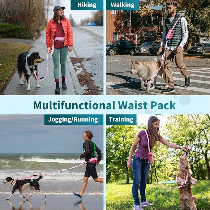 Hands Free Dog Leash with Removable Zipper Pouch, Dual Padded Handles and Durable Bungee for Walking, Jogging and Running Your Dog (Large, 35-140 lbs-Pink
