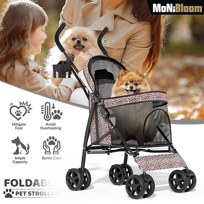 MoNiBloom 4 Wheels Pet Stroller, Easy-Fold Umbrella Shaped Dog Cat Jogger Stroller w/Storage Bag & Visible Mesh for Small/Medium Dogs Cats Leopard Print