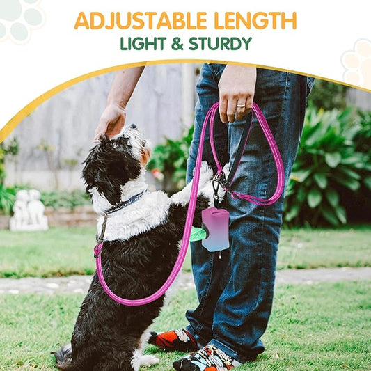 Kazazoo Hands-Free Dog Leash with Poop Bag Holder, Adjustable 4-7 Ft Waist for Dog Walking, Running for Small & Medium Dogs with Reflective Strips, Nylon Waist Belt, Hotpink