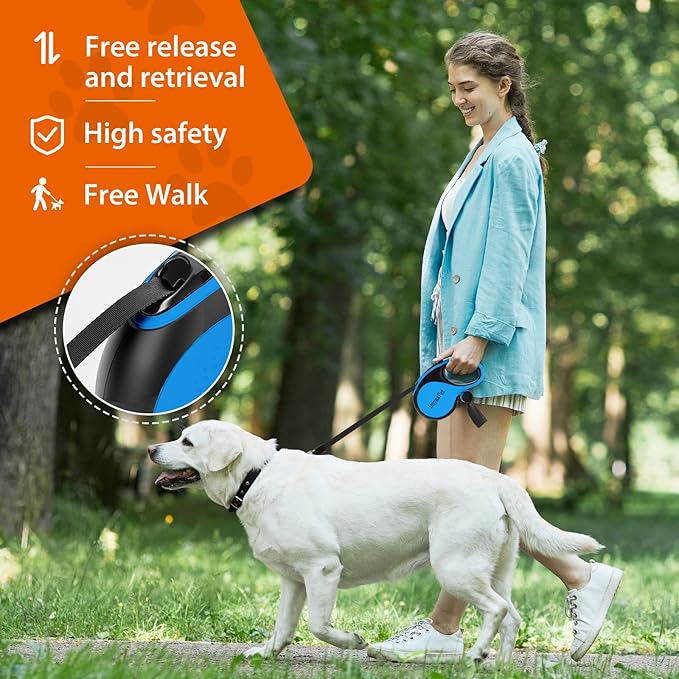 Upgraded Retractable Dog Leash with Chew Proof Extender, Pet Walking Leashes with Poop Bag Holder, 16Ft Heavy Duty Retractable Pet Leash for Medium Large Dogs up to 110lbs, Anti-Slip Grip