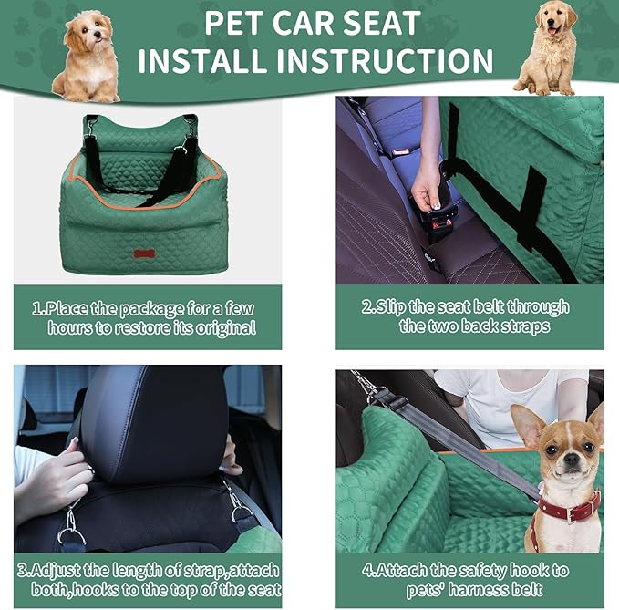 Dog Car Seat - Memory Foam Dog Booster Seats for Small Dogs Up to 25lbs-Elevated Pet Car Seat with Storage Pockets and Dogs Seat Belt-Pet Travel Bed for Front & Back Seats-Removable Washable-Green