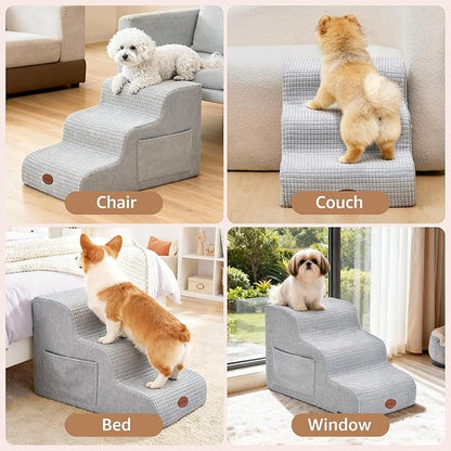 Woochpet Dog Stairs for Small Dogs, 15.7”H Ramp 3 Tier Wider Curved Pet Stairs for Couch and Beds，Weighted Base Plate Indoor Dog Steps with Non-Slip Bottom and Washable Cover for Old Cats