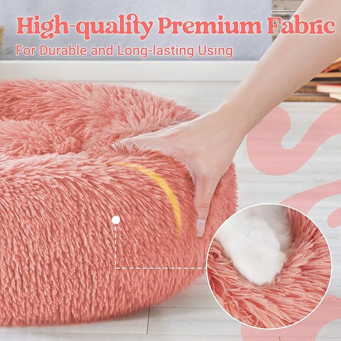 rabbitgoo Cat Beds for Indoor, 20 inches Machine Washable, Fluffy Round Pet Bed Non-Slip, Calming Soft Plush Donut Cuddler Cushion Self Warming for Small Dogs Kittens, Light Pink, Medium
