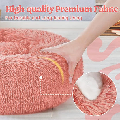 rabbitgoo Cat Beds for Indoor, 20 inches Machine Washable, Fluffy Round Pet Bed Non-Slip, Calming Soft Plush Donut Cuddler Cushion Self Warming for Small Dogs Kittens, Light Pink, Medium