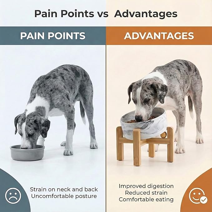hjn Elevated Ceramic Dog Bowl 15°Slanted Raised Dog Bowl with Bamboo Stand for Small Medium Dogs and Cats, Pet Feeder -7.6-Cup (1800ml)-Marble Gray