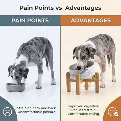 hjn Elevated Ceramic Dog Bowl 15°Slanted Raised Dog Bowl with Bamboo Stand for Small Medium Dogs and Cats, Pet Feeder -7.6-Cup (1800ml)-Marble Gray