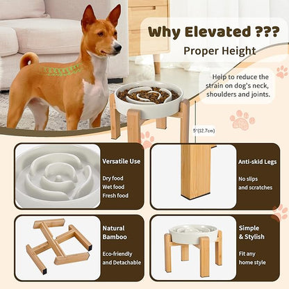 Elevated Slow Feeder Dog Bowl - Ceramic Food Dish with Bamboo Stand - Raised Maze Design - Ideal for Medium to Large Dogs - Milky White - 8.4 inch
