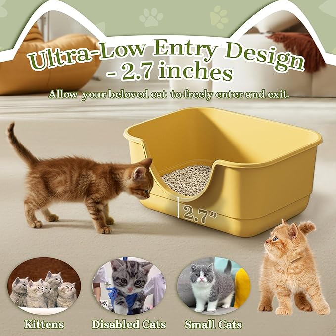 Low Entry Small Litter Box for Kittens, Kitty Plastic Litter Boxes, Open Top, Anti-Splash High Sided Litter Tray Pan for Medium Pets, Puppy, Easy to Clean, 15.7" L*11.8" W*6.7" H (Yellow)