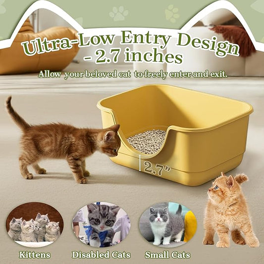 Low Entry Small Litter Box for Kittens, Kitty Plastic Litter Boxes, Open Top, Anti-Splash High Sided Litter Tray Pan for Medium Pets, Puppy, Easy to Clean, 15.7" L*11.8" W*6.7" H (Yellow)
