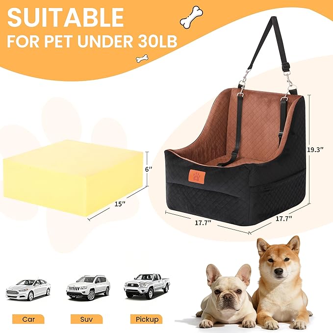 Dog Car Seat for Medium Dogs Up to 35lbs, Pet Booster Seat with 2 Safety Belts, Detachable Washable, Non-Slip Stable Base, Portable Puppy Car Seat for Travel & Outdoor Daily Use