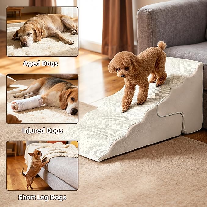 Mestuel Dog Stairs for Small Dogs Cats, Small Pet Stairs Steps, Foam 4-Tier Pet Stairs Steps for Couch Sofa, Dog Ramp Ladder Indoor with Nonslip Bottom &Washable Cover, Beige