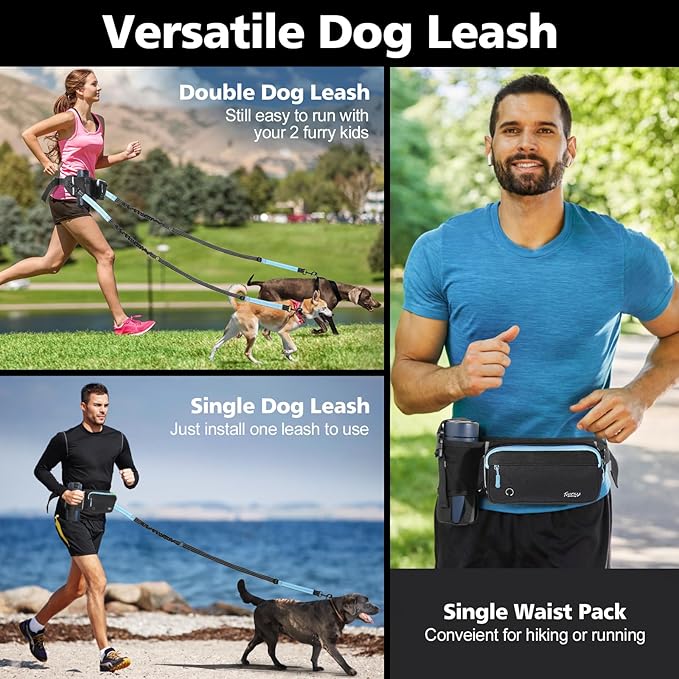 Hands Free Dog Leash 2 Dogs, Adjustable Waist Leash for Dog Walking with Dual Bungees Padded Handle, Shock Absorbing Hands Free for Small Medium-Sized Dogs Outdoor Activities, Black+Blue
