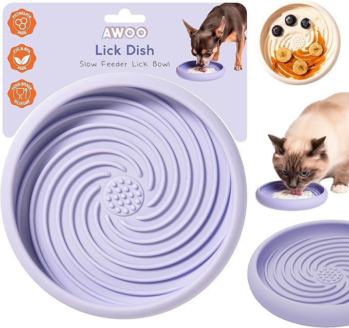 Awoo Lick Dish Silicone Dog & Cat Lick Mat & Slow Feeder with Suction Cups, Non-Slip, Dishwasher Safe, Extend Mealtime, Reduce Anxiety (Periwinkle)