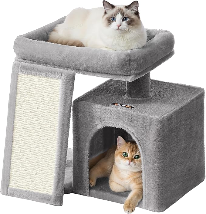 Feandrea Small Cat Tree, Cat Tower Condo, Scratching Ramp, Large Top Perch, Cave, 20.1 x 15.4 x 18.3 Inches, Dove Gray UPCT010GD02S