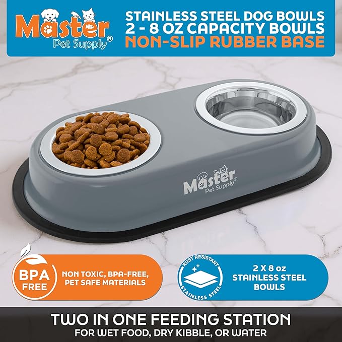 Master Pet Supply Double Dog Bowls Set with Elevated Base and 2 (8 oz) Stainless Steel Removable Dishes (Graphite) – Double Cat Food Water Bowl, Dog Puppy Food Bowl Set, Rust Resistant