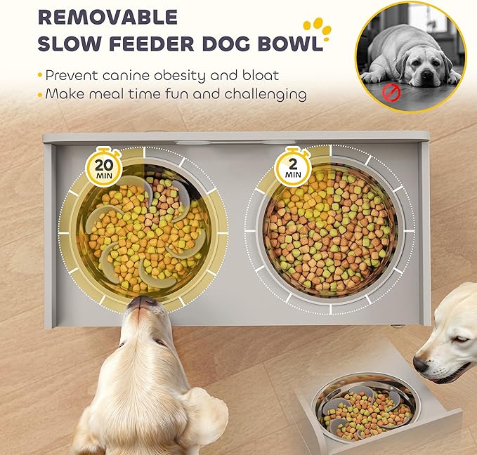 PawHut Elevated Dog Bowls with Storage, Raised Dog Bowl Stand with 2 Stainless Steel Food Dishes and Slow Feeder, Pet Feeding Station for Large Breeds, Gray