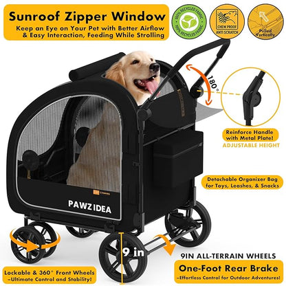 PAWZIDEA 3-in-1 Dog Stroller for Large Dogs with Detachable Carrier up to 100lb, 45% Extra Tall Dog Car Crate Sit Upright, Foldable Pet Stroller for 2 Medium Dogs All-Terrain Jogger, Adjustable Handle