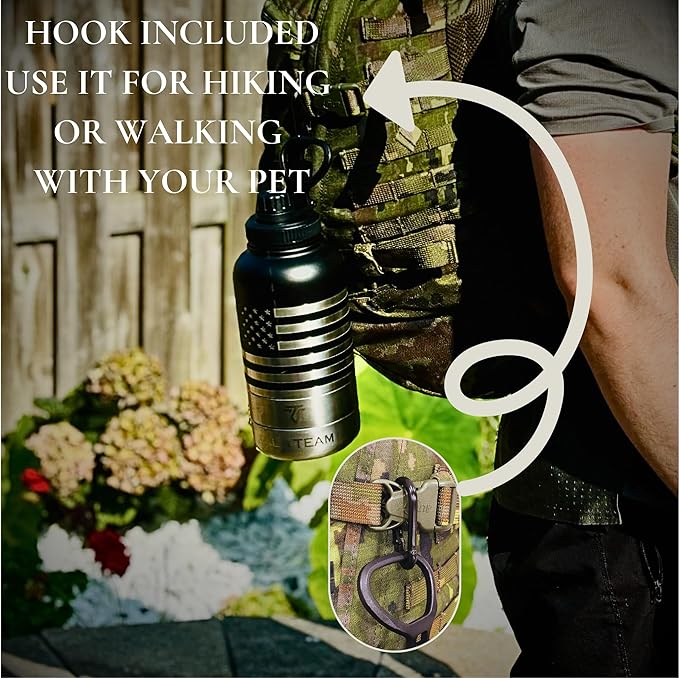 Insulated Dog Water Bottle Portable (32oz) - Dog Travel Water Bottle with a Hook for Hiking & 2 Bowls Attached. Pet Travel Accessories, Puppy Essentials, Portable Pet Dispenser.
