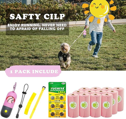 Dog Poop Bags Holder with LED Flashlight|Pet Waste Bags Dispenser for Leash|Doggie Potty Bags Container with Leak-proof Pet Trash Bags and Accessories (1 Holder 195 Bags, Pink)