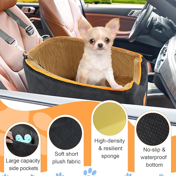 XIEEAOZEE Dog Car Seat for Small Dogs, Memory Foam Booster Dog Seat for Dogs up to 35 lbs, Elevated Pet Car Seat with Washable Removable Cover, Storage Pockets