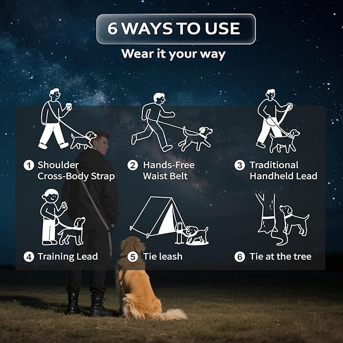 Hands Free Dog Leash,Galaxy Reflective Crossbody Leash, 6–9.5 ft Adjustable Heavy Duty Waist Belt for Medium and Large Dogs Walking,Running,Jogging,Training,Night Walking （290cm, Black
