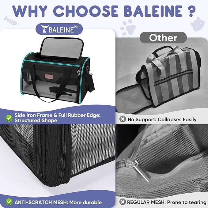 BALEINE Cat Carrier, Puppy Dog Carrier for Small Medium Pets Up to 15 Lbs, Soft-Sided Dog Travel Bag with Safety Zippers, Collapsible Pet Carrying Case (Black, L, 17"x11"x11")