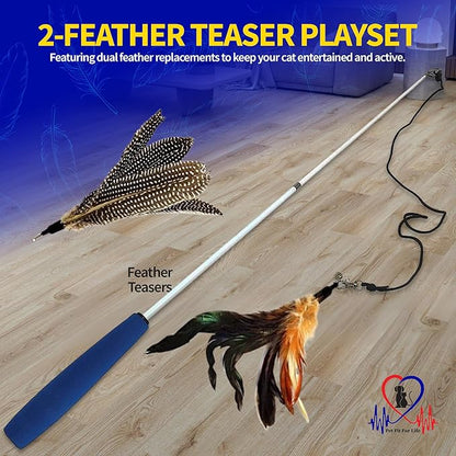 Pet Fit For Life Cat Feather Wand Toys – Interactive Cat Wand Toy for Indoor Pets | 2 Feather Attachments | Promotes Animal Health & Fitness, Made w/ Soft & Durable Materials | Gift (Brown)