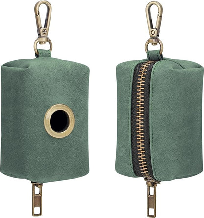 Didog Classic Dog Poop Bag Holder, Easy-Pull and Elegant PU Leather Pet Waste Bag Dispenser for Leash with Carabiner Clip, Includes 1 Roll Dog Waste Bag for Daily Walking,Green