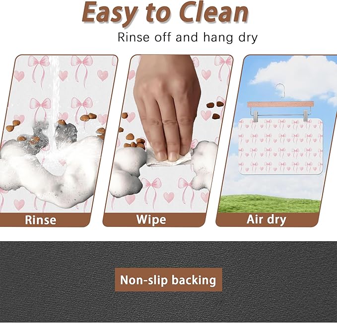 Cute Pink Bow Dog Food Mat for Floors,Heart Absorbent Pet Food and Water Bowl Mats,Non-Slip Pet Feeding Mat,Pet Supplies 12" x 20"