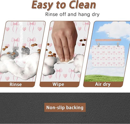 Cute Pink Bow Dog Food Mat for Floors,Heart Absorbent Pet Food and Water Bowl Mats,Non-Slip Pet Feeding Mat,Pet Supplies 12" x 20"
