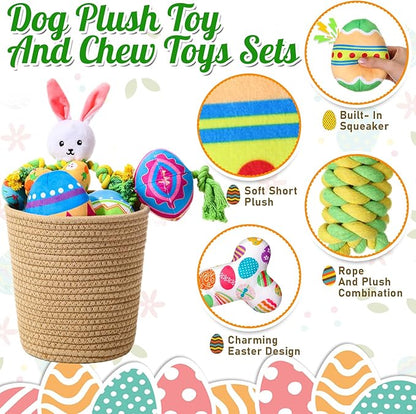10 Pcs Easter Dog Toys with Squeaker, Includes 4 Plush Bone 2 Rope Toys for Dogs 2 Easter Egg 1 Plush Bunny & Chick for Puppy/Small/Medium/Large Breeds Holiday Pet Gift