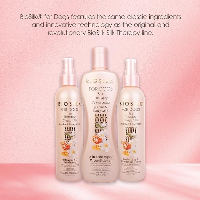 BioSilk for Dogs Silk Therapy Irresistible 2-in-1 Shampoo and Conditioner, Jasmine and Honey Scent, Hydrolyzed Silk Proteins, Paraben Free, pH Balanced for Dogs, Safe 8 Weeks+, 12 fl oz