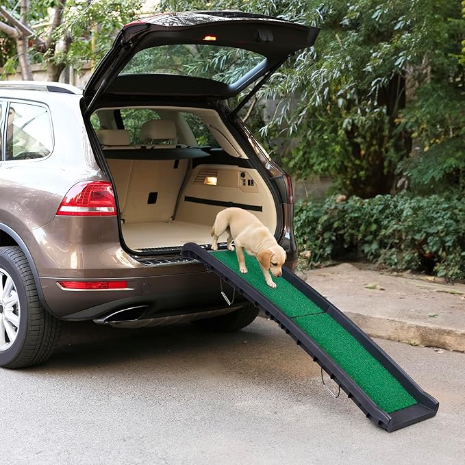 Folding Dog Car Ramps, Dog Steps for Bed, Length Portable Pet Ramp Stairs Step Ladder for Car, Truck,Non Slip Rug Surface, Dog Stairs for Large Dogs Up to 154LB (62 Inch Artificial Grass)