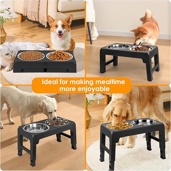 URPOWER Raised Dog Bowls 4 Height Adjustable Elevated Bowl Stand with Stainless Steel Water Bowl Non-Slip Dog Food Bowls Stand for Small Medium Large Dogs and Pets