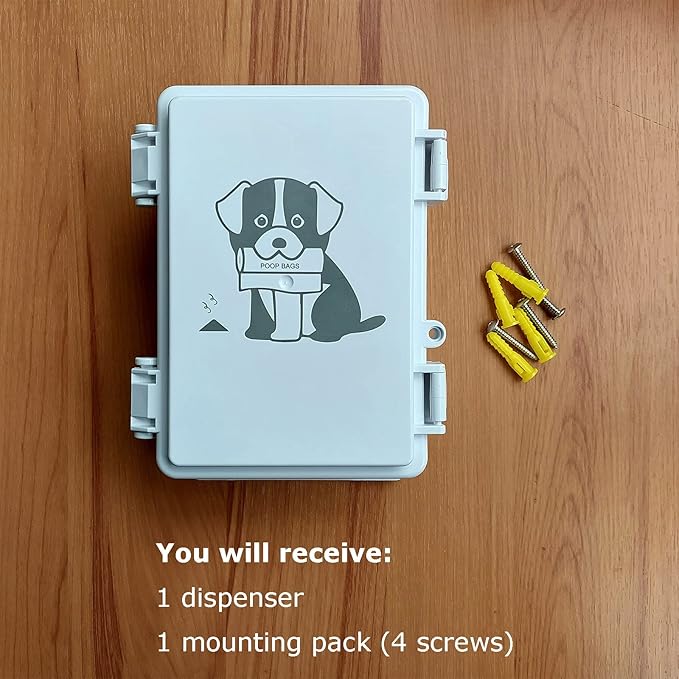 Dog Poop Bag Dispenser Wall Mounted Outside or Inside Pet Waste Bags Holder Waterproof Screw-on or Strap-on Doggy Pickup Rolls Storage Station for Home, Backyard, Porch, Patio(white,dispenser only)