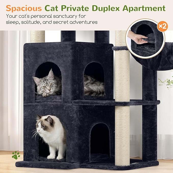 Globlazer Cat Tree Tower for Indoor Cats, Sturdy Adult Cat Tree House for Large Adult Cats with 2 Platform, 6 Cat Scratching Post, 2 Cat Caves, Dangling Toys, S63, 63 inch, Dark Grey