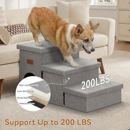 Dog Stairs 18" H, 3-Step Wider Dog Steps for High Beds Couch, Folding Storage Pet Stairs Gift for Small/Medium/Large Old Dogs Cats, Ramp for Climbing Car Up to 200 lbs, (Gray, with Condo)