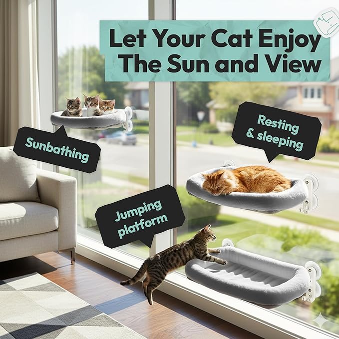 Cordless Cat Window Perch, Foldable Cat Window Hammock, 4 Strong Suction Cups, Solid Metal Frame, Patented Hook Design, Cushion Grey, L
