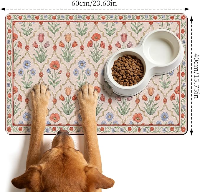 Dog Bowl Mat for Food and Water - Hamdwerk Absorbent Anti Slip Cat Feeding Mats for Floors, Quick Dry Pet Dog Feeding Matts, Diatomite Pet Dish Placemat Supplies, Vintage Floral Style, 16 * 240in