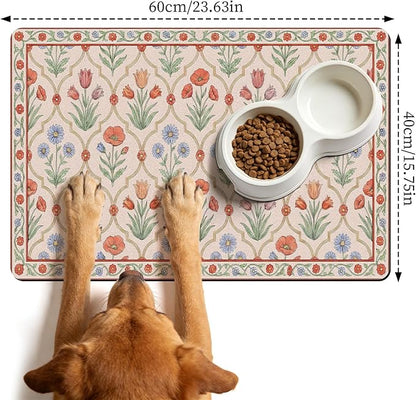 Dog Bowl Mat for Food and Water - Hamdwerk Absorbent Anti Slip Cat Feeding Mats for Floors, Quick Dry Pet Dog Feeding Matts, Diatomite Pet Dish Placemat Supplies, Vintage Floral Style, 16 * 240in