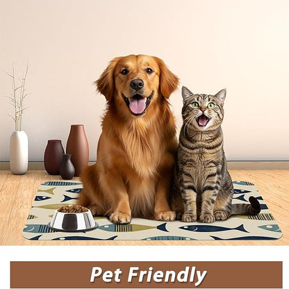 Fish Boho Dog Food Mat for Floors,Ocean Absorbent Quick-Dry Pet Feeding Mat,Cat Dog Bowl Mats for Food and Water,Non-Slip Pet Accessories Supplies 12"x20"
