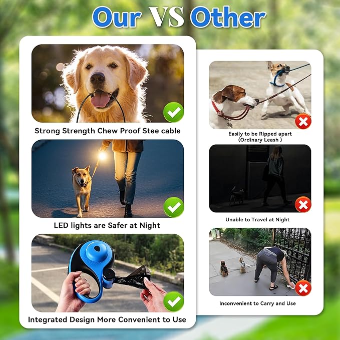 26ft Heavy Duty Retractable Dog Leash for Large Dogs, Dog Leash with Poop Bag Holder, Up to 100lbs, with LED Light, Chew Proof Cable, One-Handed Pause & Lock, 360° No Tangle. (Blue, 26Ft)