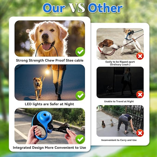 26ft Heavy Duty Retractable Dog Leash for Large Dogs, Dog Leash with Poop Bag Holder, Up to 100lbs, with LED Light, Chew Proof Cable, One-Handed Pause & Lock, 360° No Tangle. (Blue, 26Ft)
