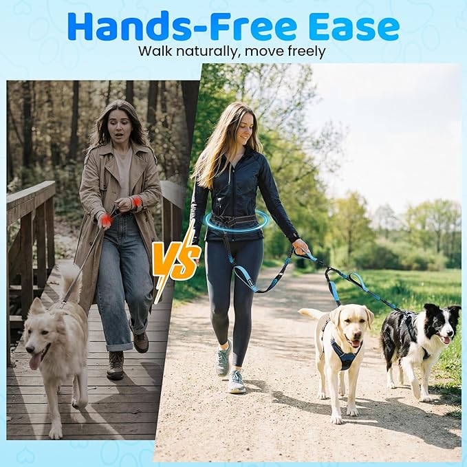 Hands Free Leash for 2 Large Dogs, No Tangle Waist Walking Bungee Leash, 6-8 FT Dual Dog Leashes(50-150 lbs)