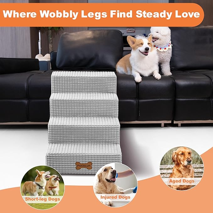 POCBLUE Dog Stairs for Small Dogs and Cats 22" H, 5-Step Pet Step for High Bed or Couch, Non-Slip Balanced Pet Ramp Indoor with High-Density Foam and Washable Cover, Grey