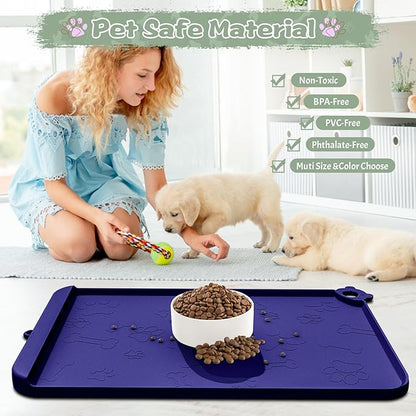 Silicone Dog Food Mat With Residue Collection Pocket - Waterproof Pet Feeding Mat for Cats and Dogs, Raised Edges, Hooks, Placemats for Water Bowl